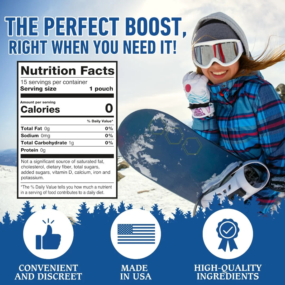 Person holding a snowboard with nutrition facts label and promotional text on a snowy background