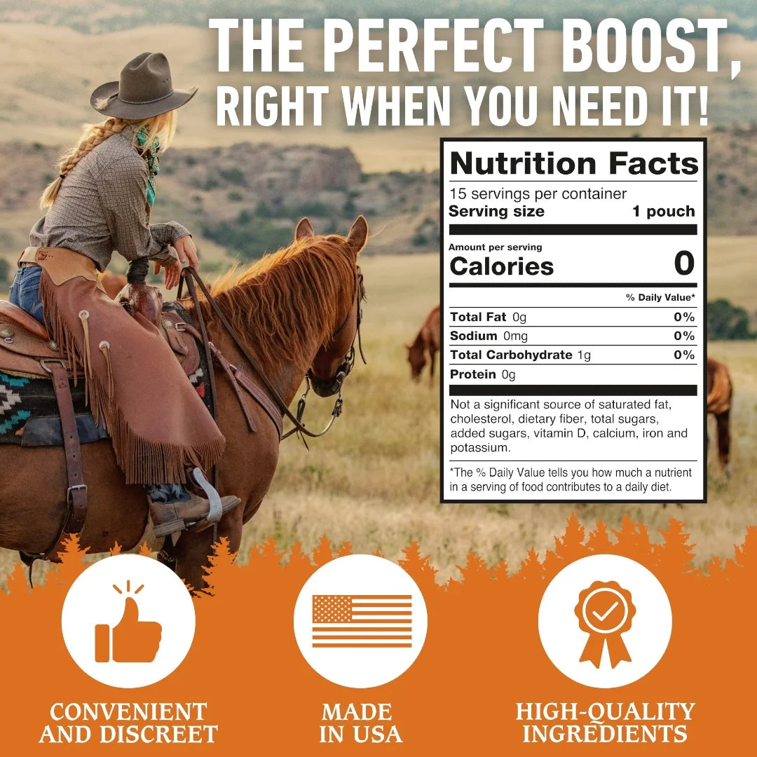 Woman on a horse staring into a field with a nutrition label and promotional text about a product.