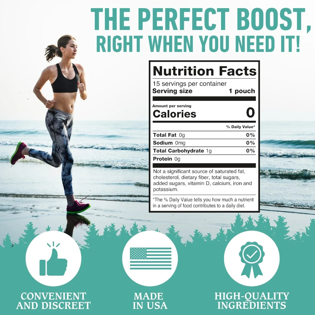 Person running on a beach with a nutrition label and promotional text about a product.