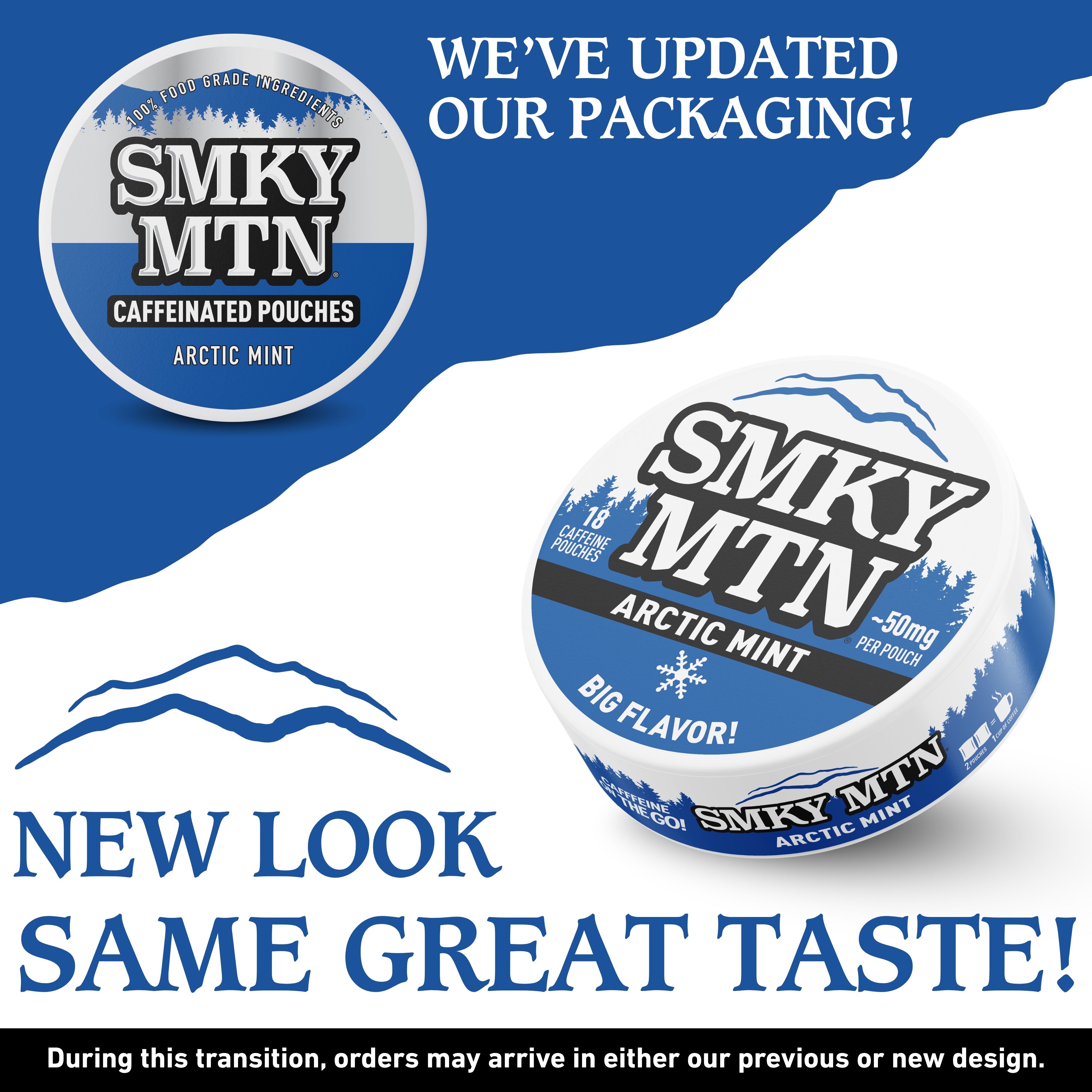 Promotional image of Smky MTN caffeinated pouches with text about packaging update.
