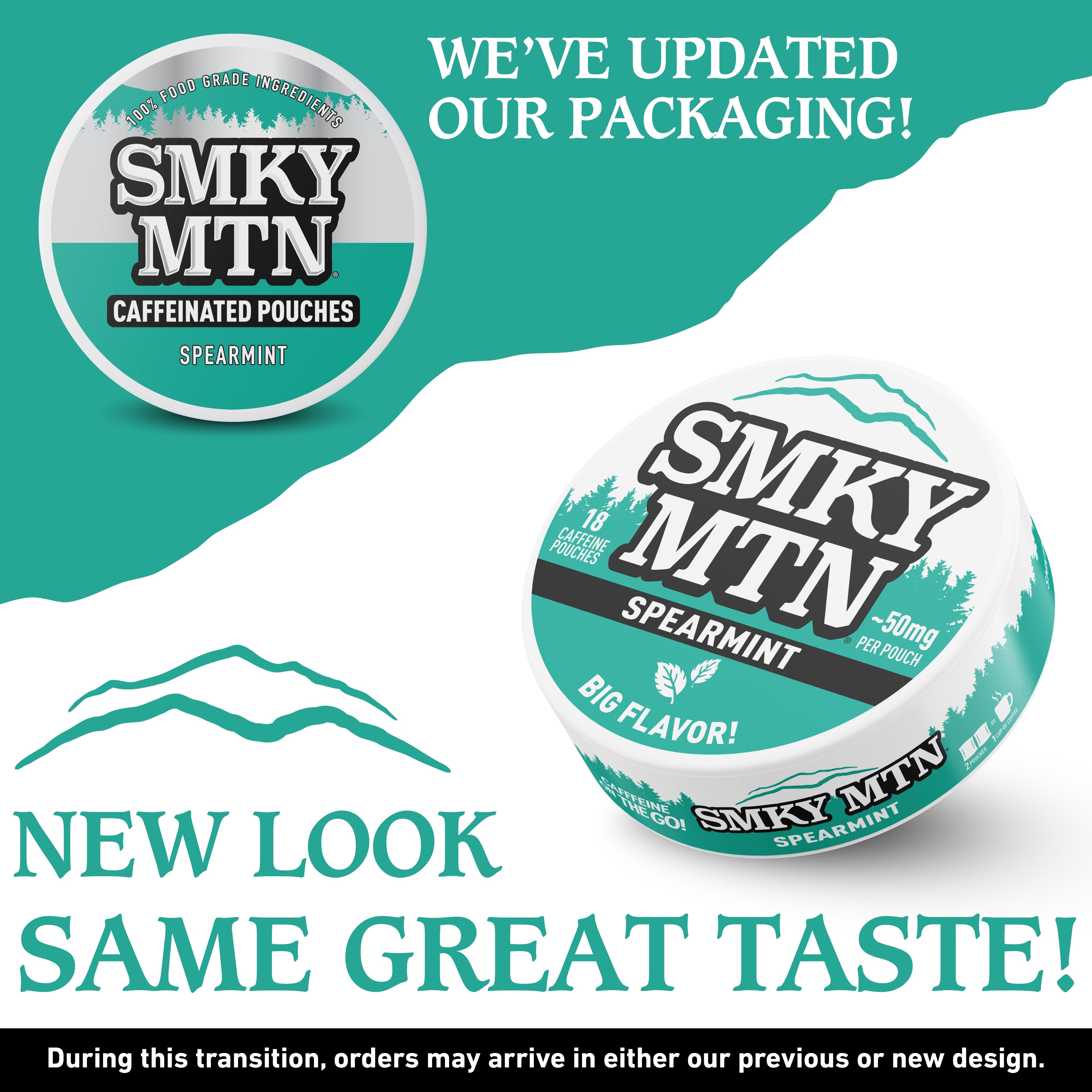 Promotional image of Smky MTN caffeinated pouches with text about packaging update.