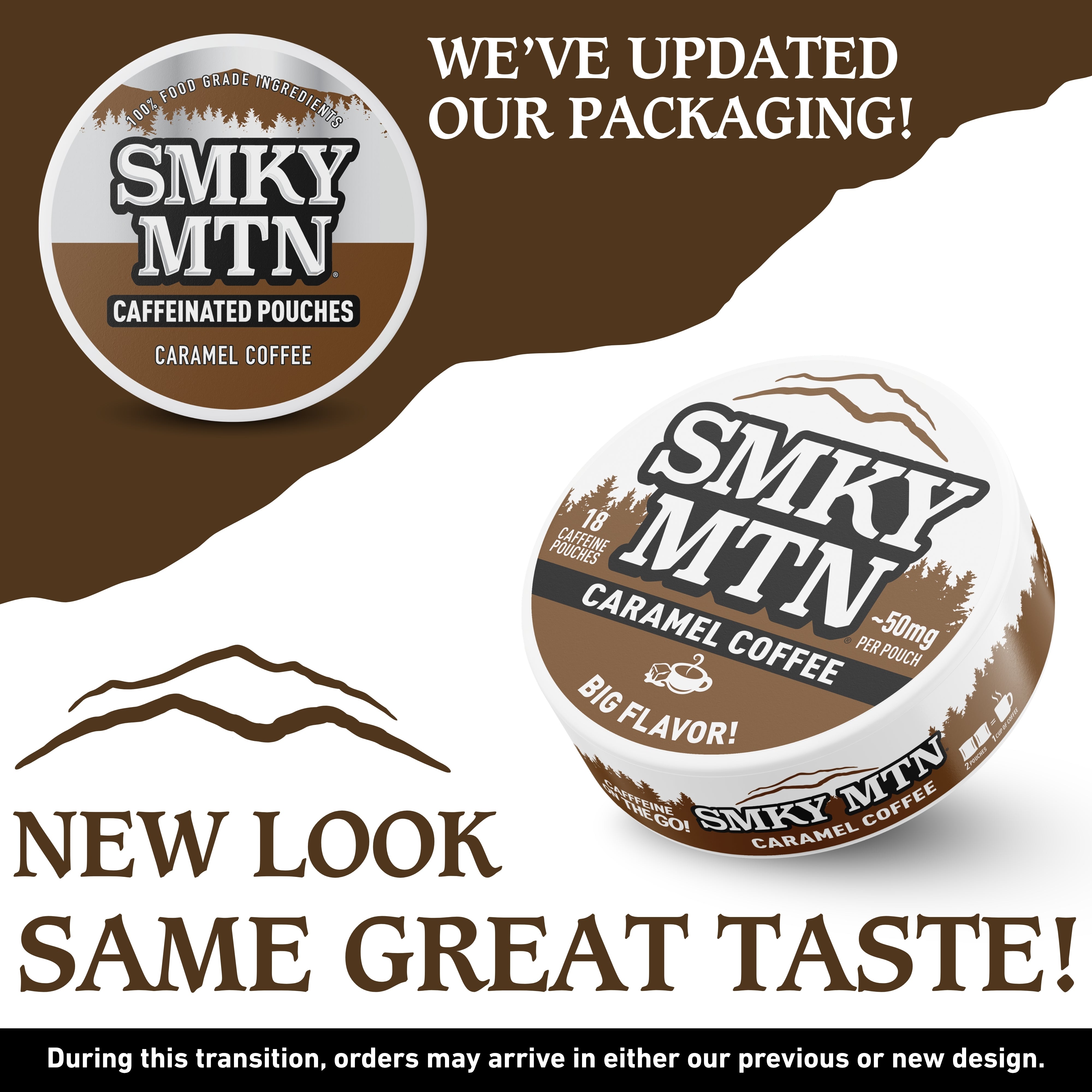 Promotional image of Smky MTN caffeinated pouches with text about packaging update.