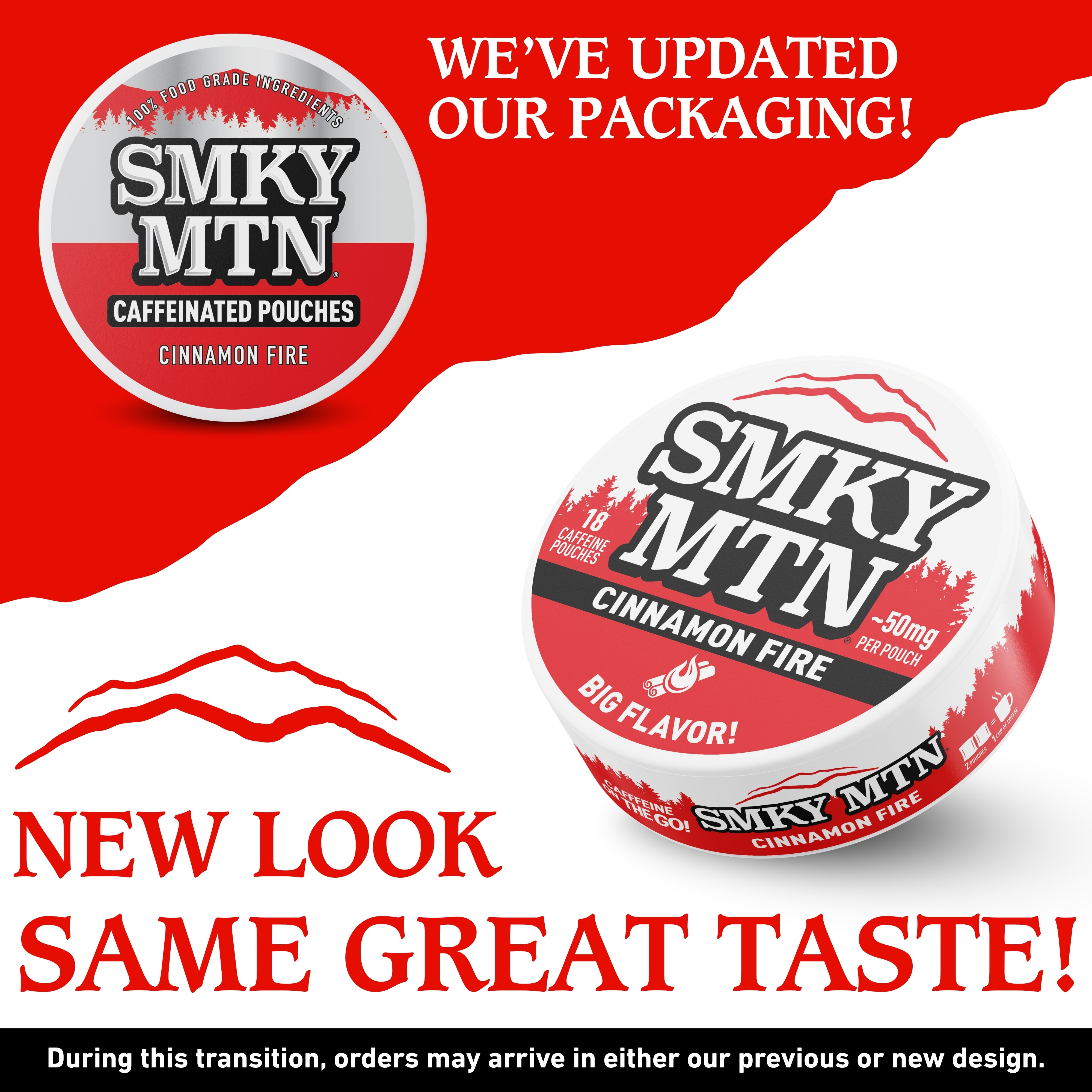 Promotional image of Smky MTN caffeinated pouches with updated packaging design on a red and white background.