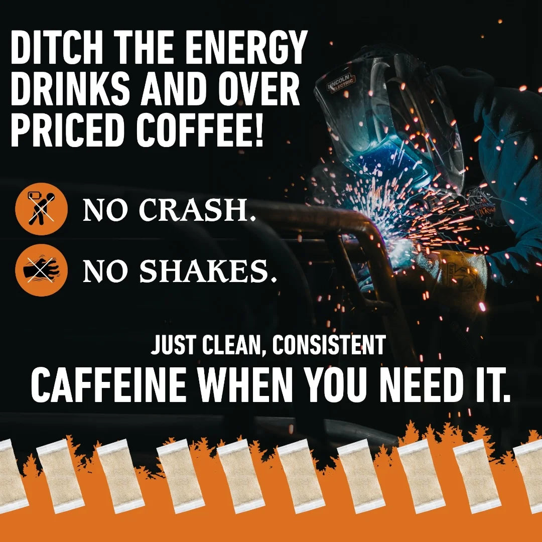 Advertisement for a coffee product with text and images of a person welding.