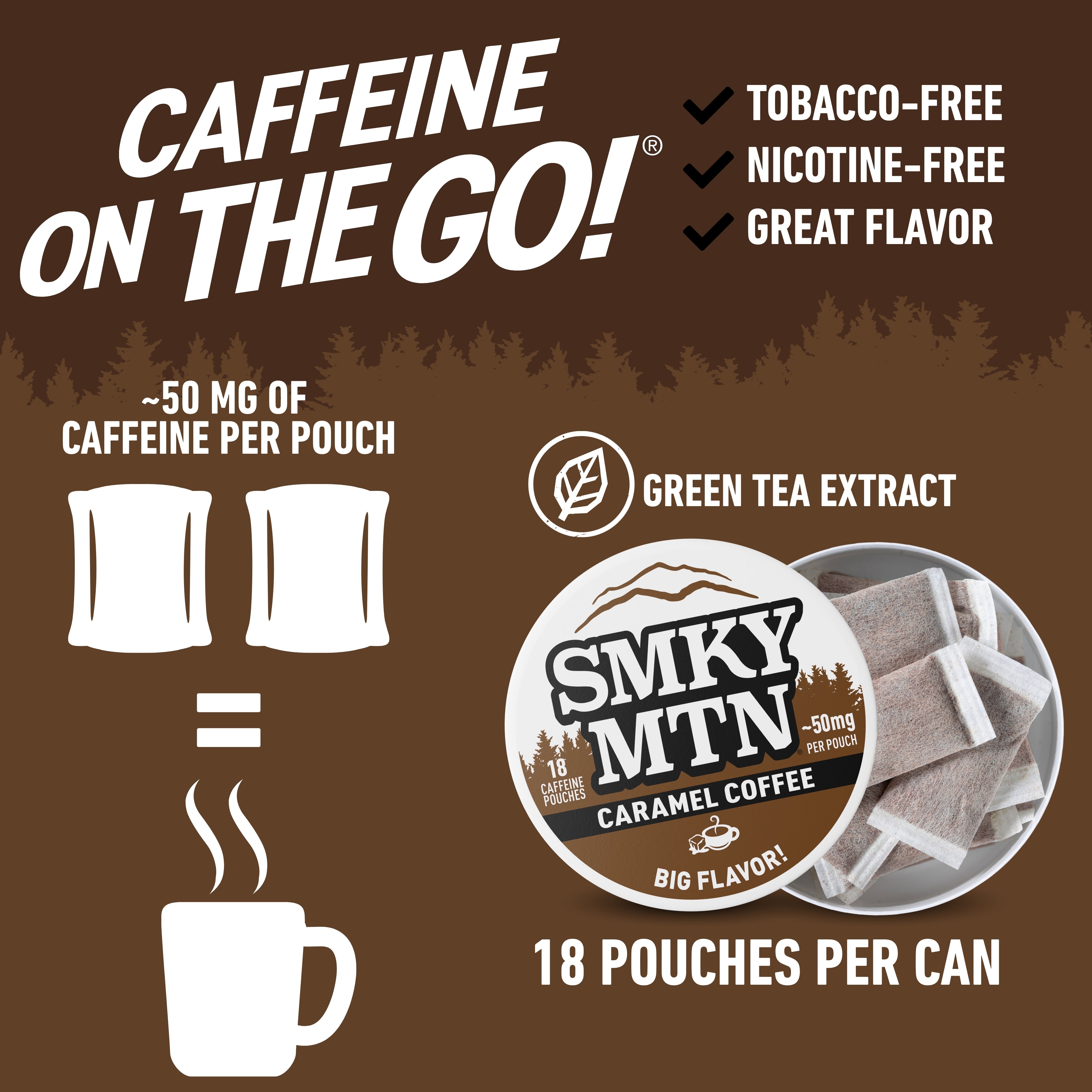 Advertisement for Smky MTN Caramel Coffee pouches with caffeine information on a brown background.