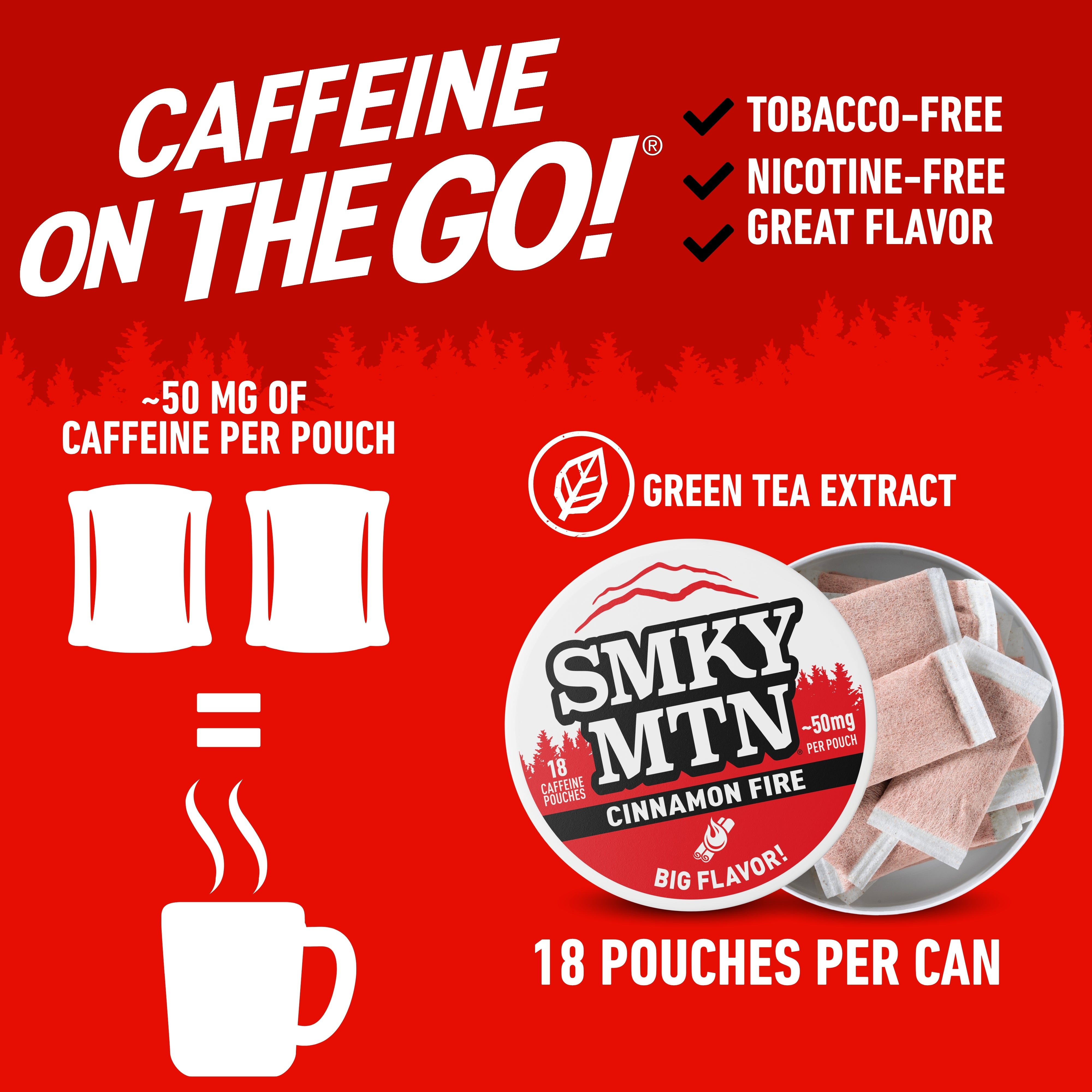 Advertisement for Smky MTN Cinnamon Fire caffeine product on a red background with text about caffeine content and benefits.