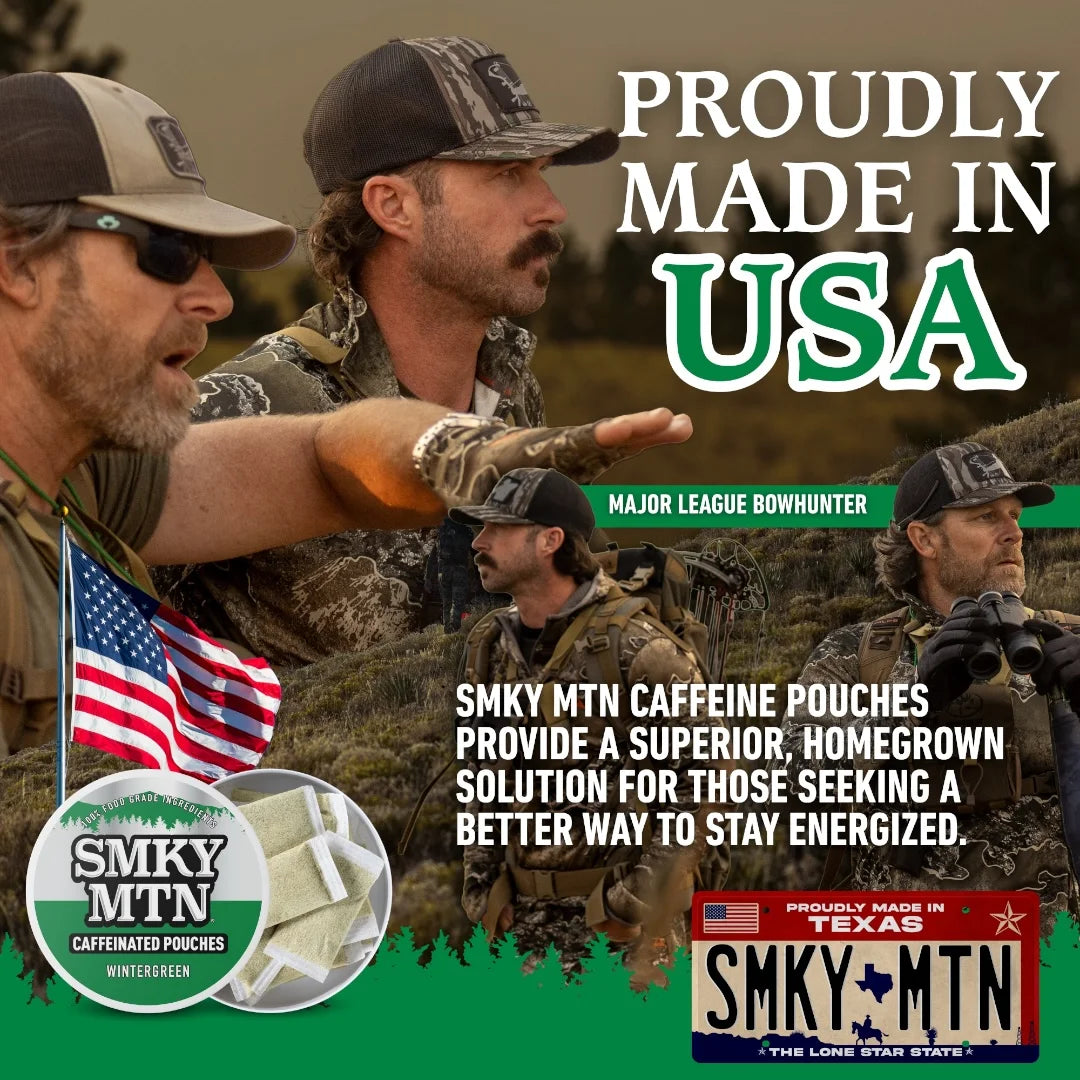 Advertisement featuring men in camouflage with text 'Proudly Made in USA' and promotional content for SMKY MTN caffeine pouches.