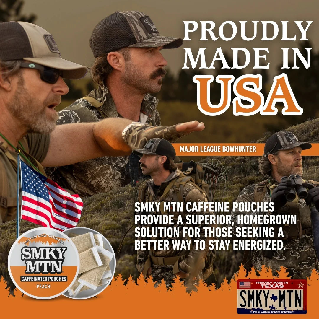 Advertisement featuring hunters in camouflage with text about SMKY MTN caffeine pouches and 'Proudly Made in USA'.