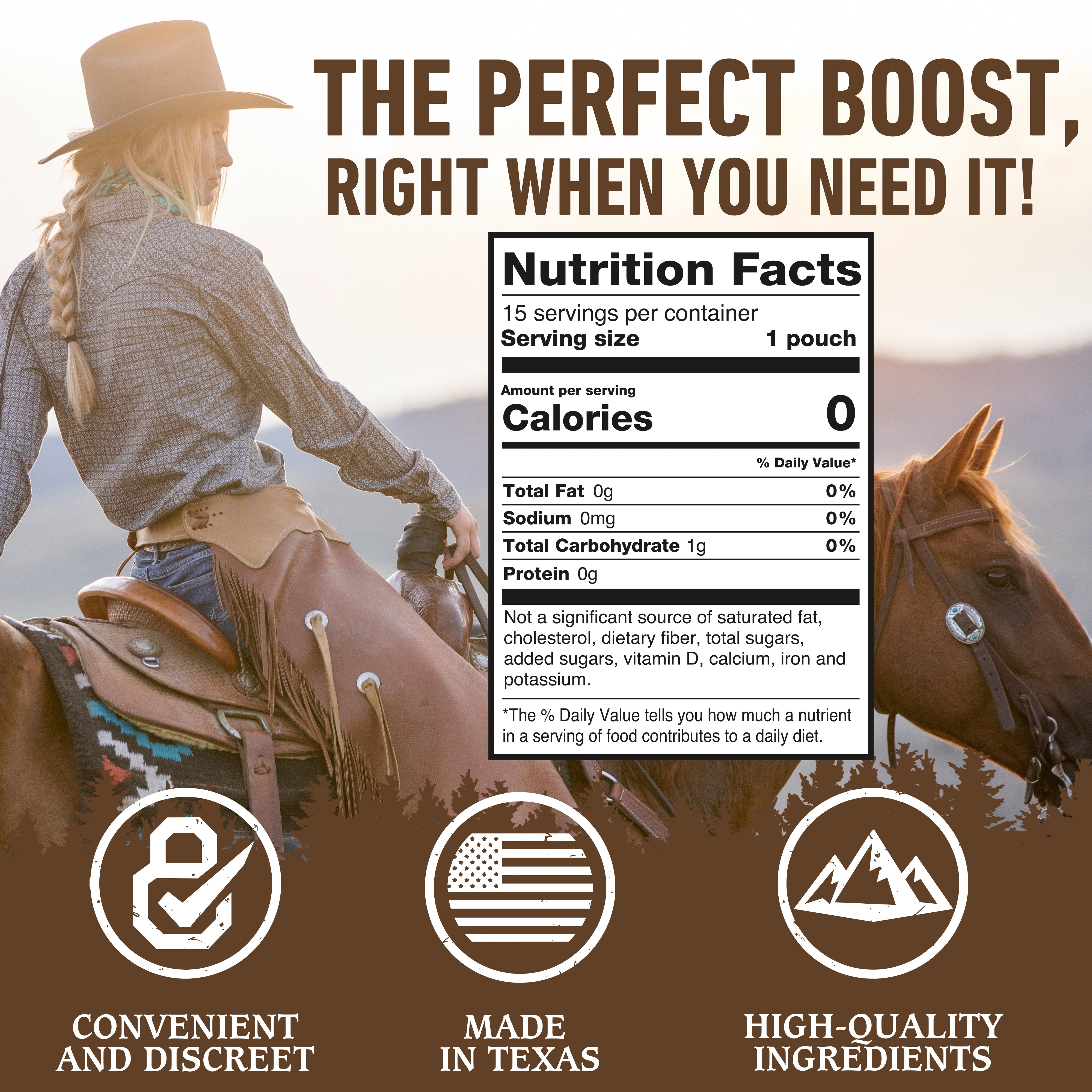 Person on horseback with nutrition label and promotional text about product benefits