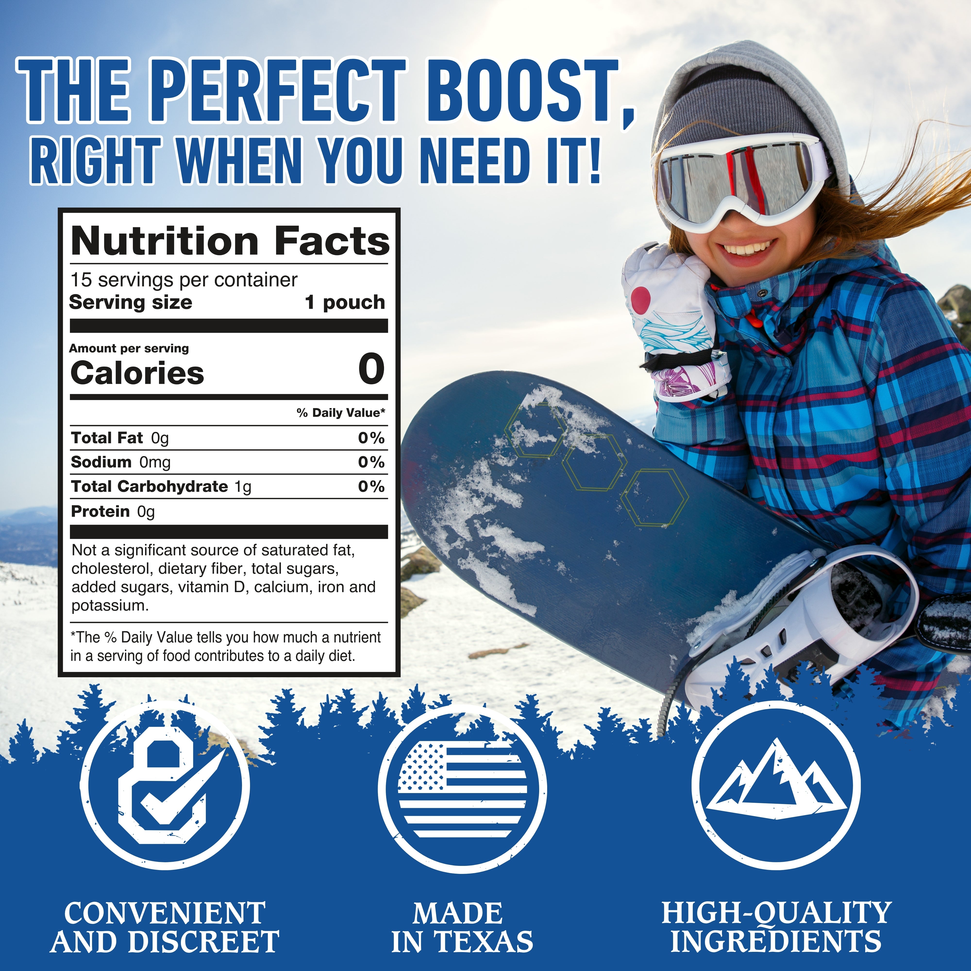Person holding a snowboard with nutrition facts label for smky mtn caffeine pouches and promotional text on a snowy background