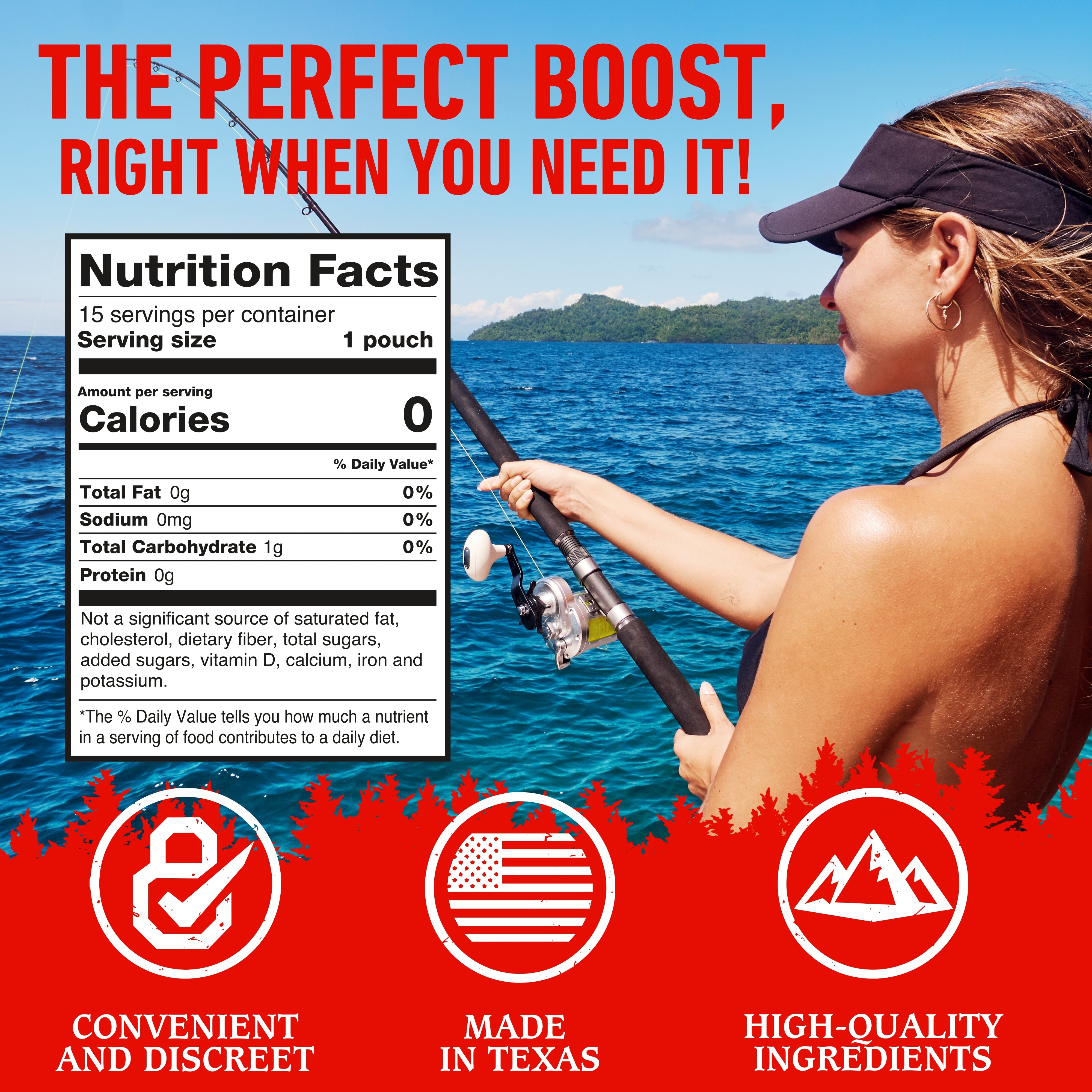 Woman fishing with a nutrition facts label overlay and promotional text about product benefits.