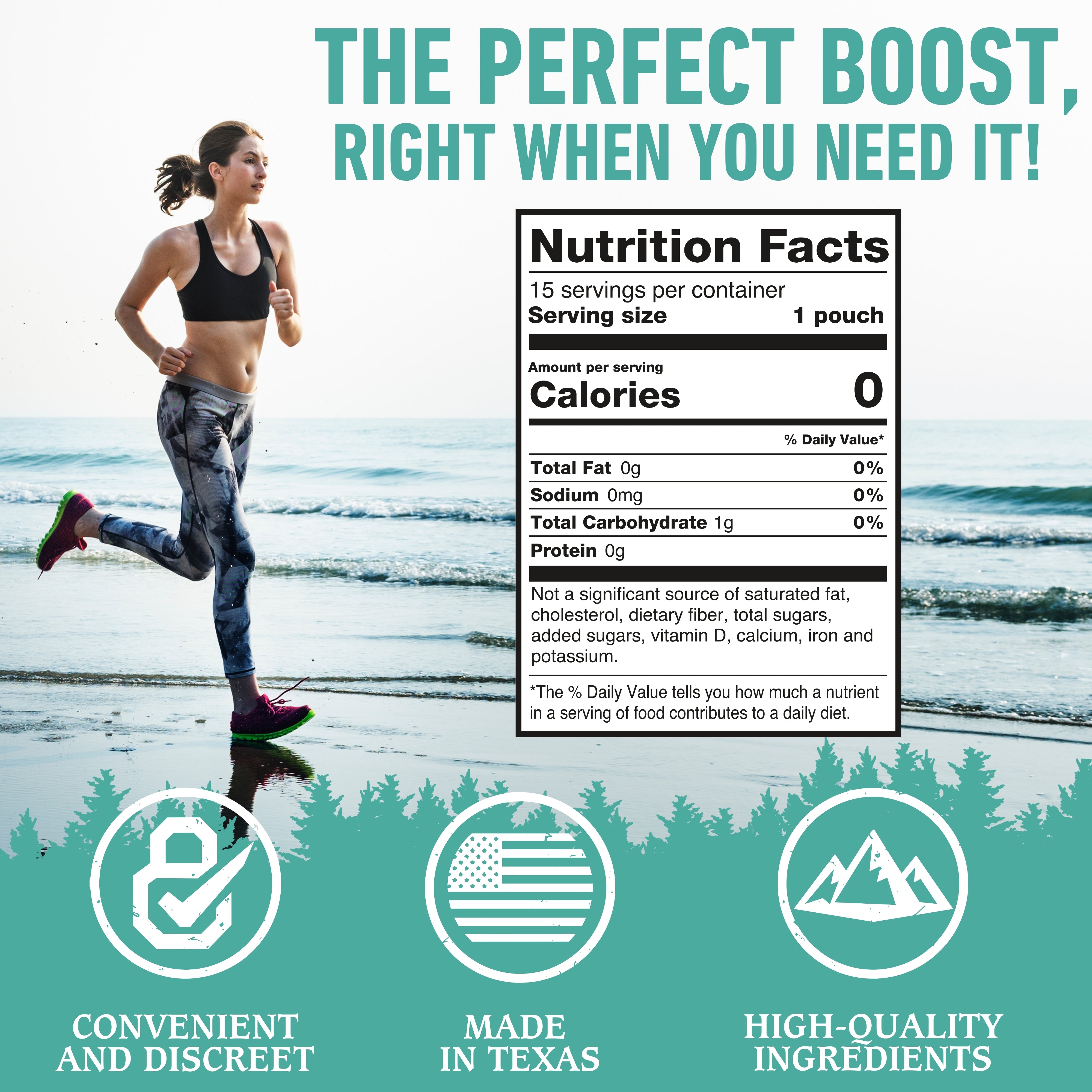 Woman running on a beach with a nutrition label overlay, emphasizing convenience, quality, and origin.