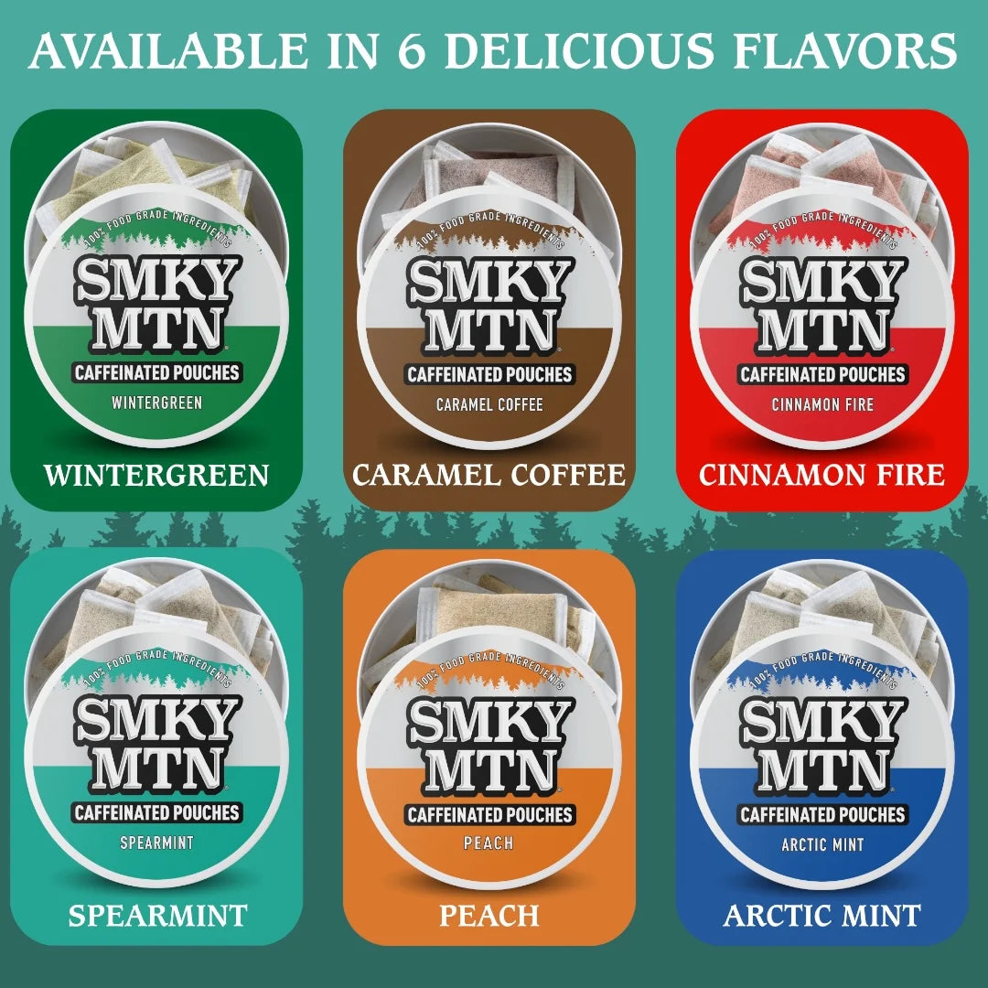 Smky MTN caffeinated pouches in various flavors with a green background