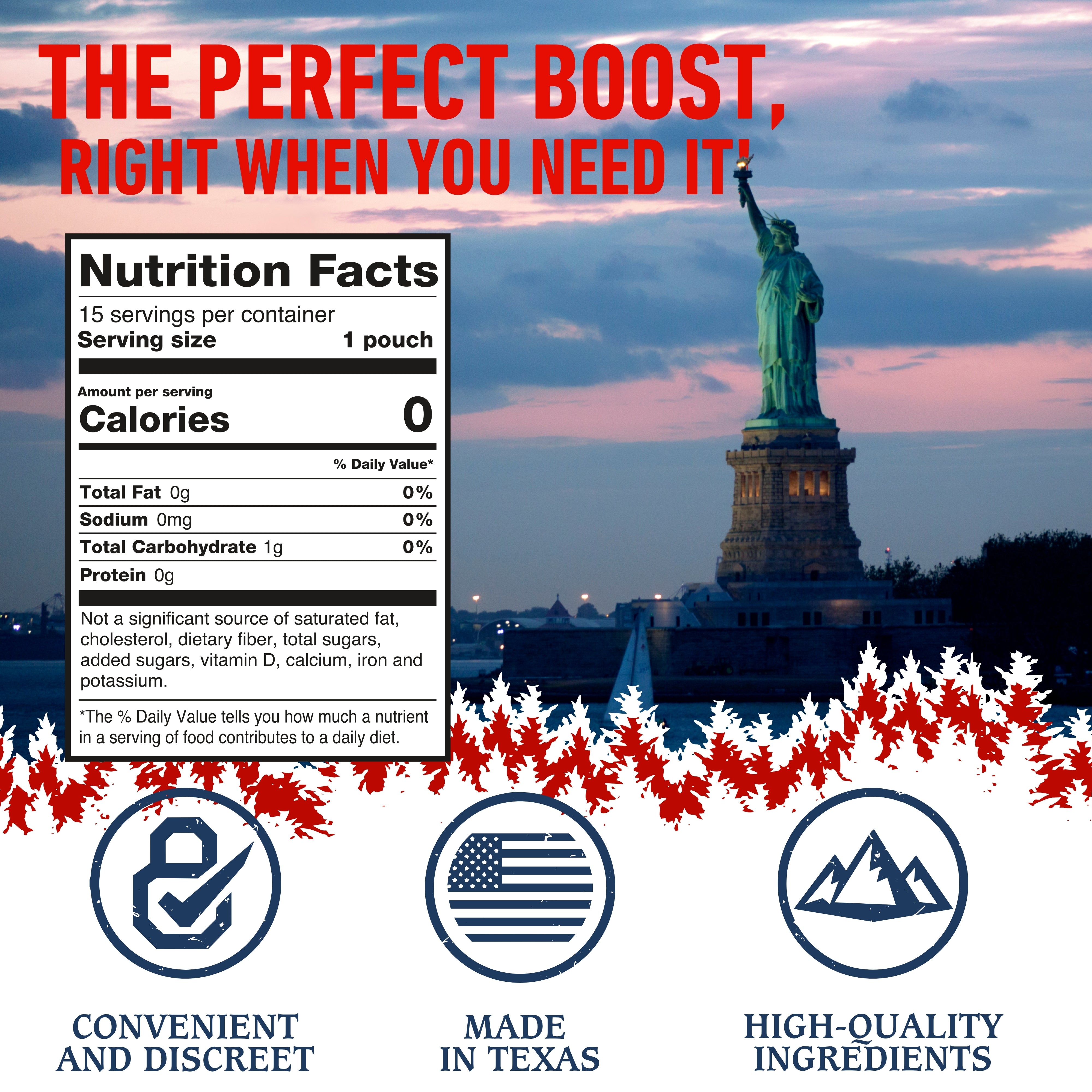 Nutrition label with Statue of Liberty and patriotic elements on a blue sky background