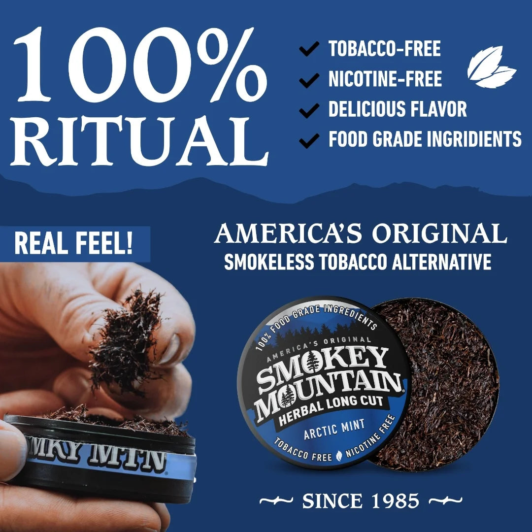 Advertisement for Smokey Mountain Herbal Long Cut Arctic Mint, highlighting features and branding.