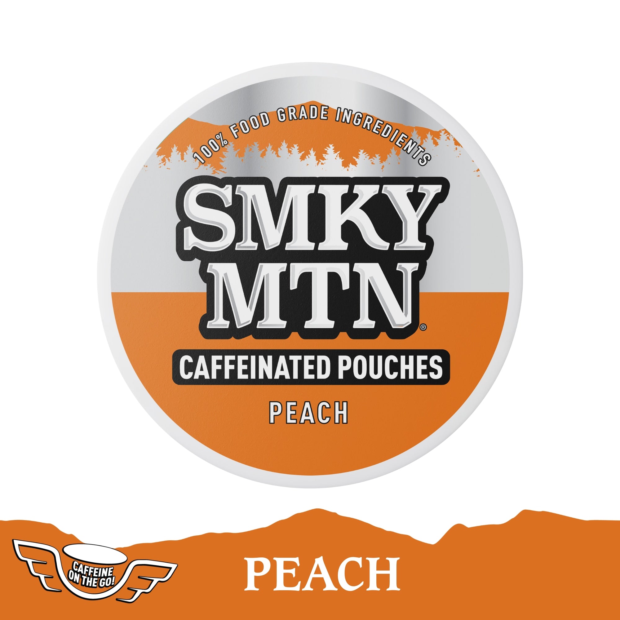 Smky MTN Caffeine pouches label with peach flavor on an orange and white background