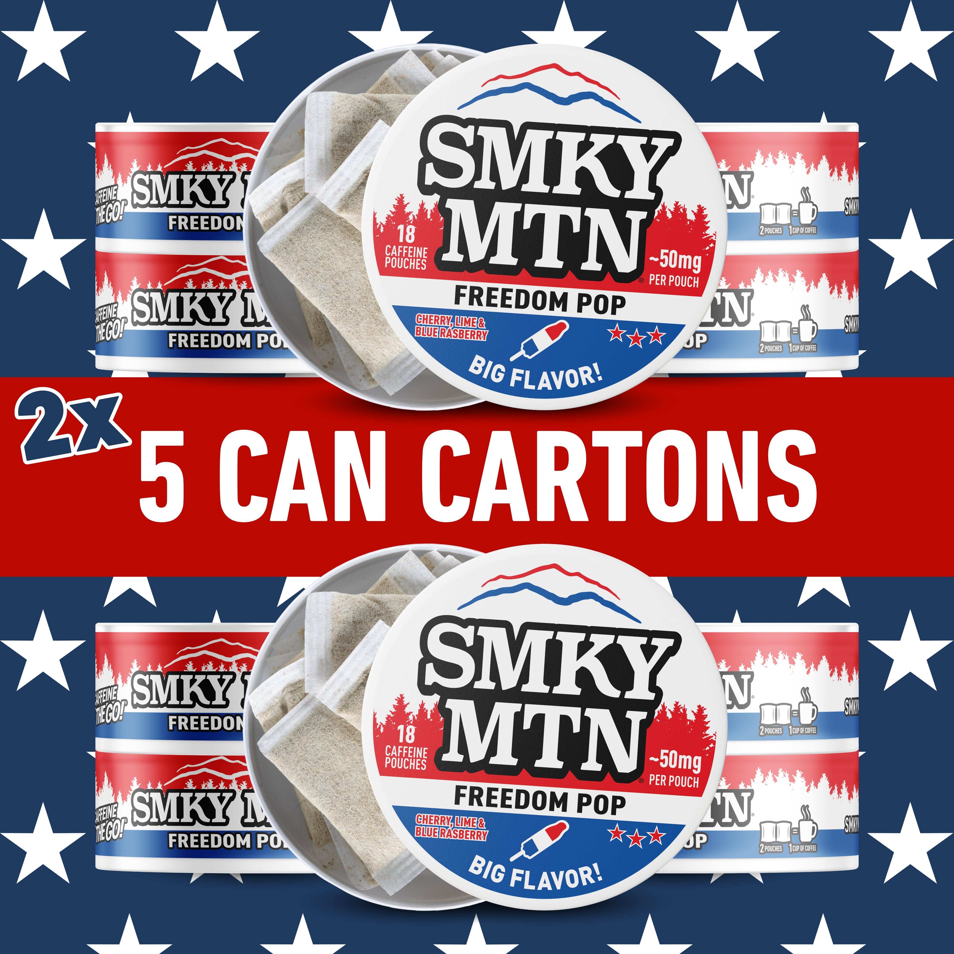 Promotional graphic for Smky MTN Freedom Pop with product packaging and text on a background with stars and stripes.
