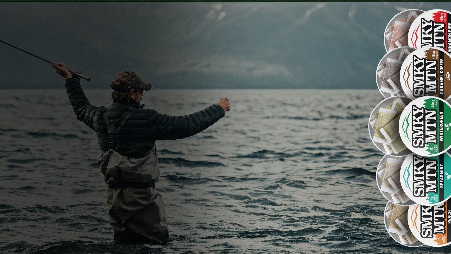 Man fishing promoting smokey mountain caffeine pouches.