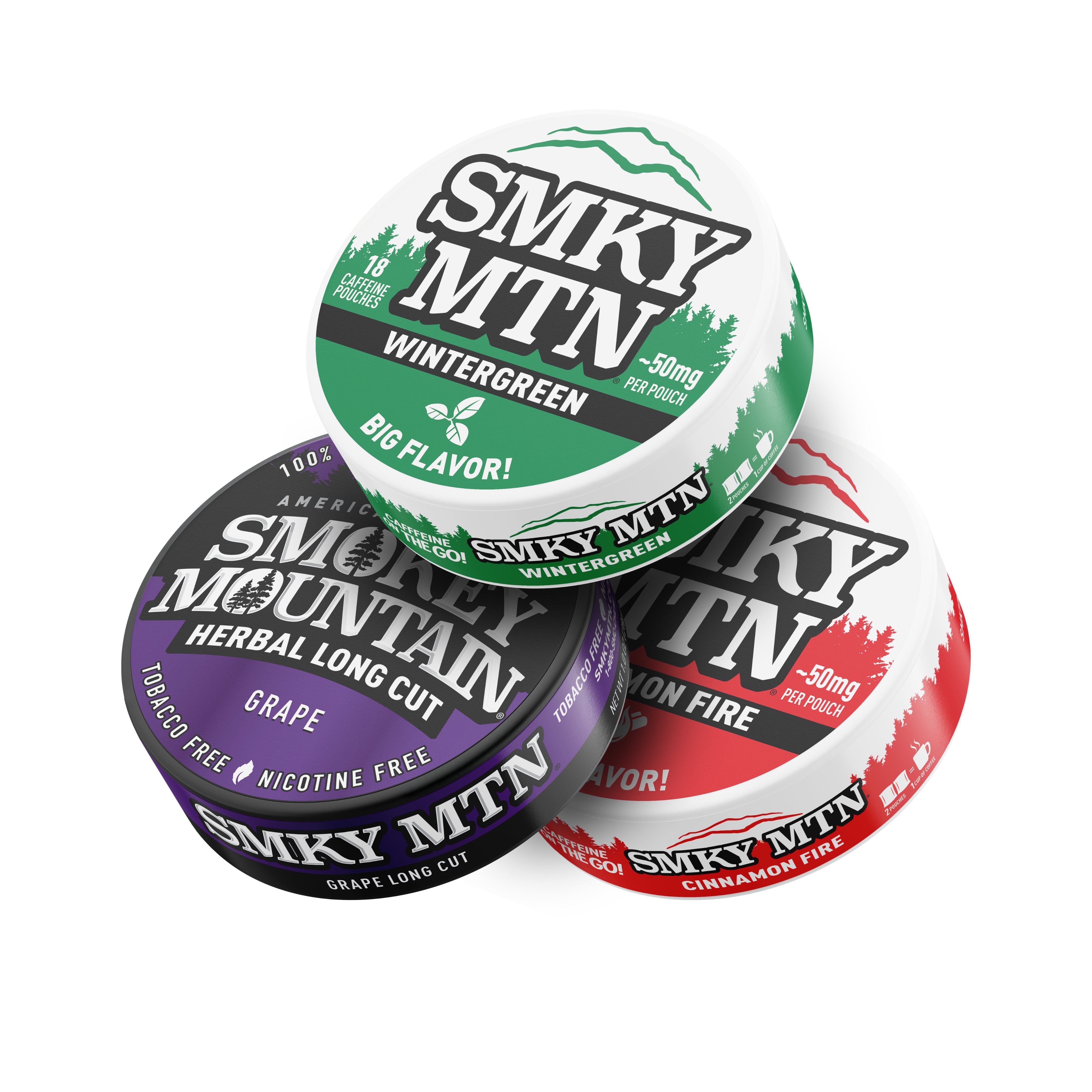 Three Smokey Mountain herbal long cut and caffeine pouch product containers in different flavors on a white background.
