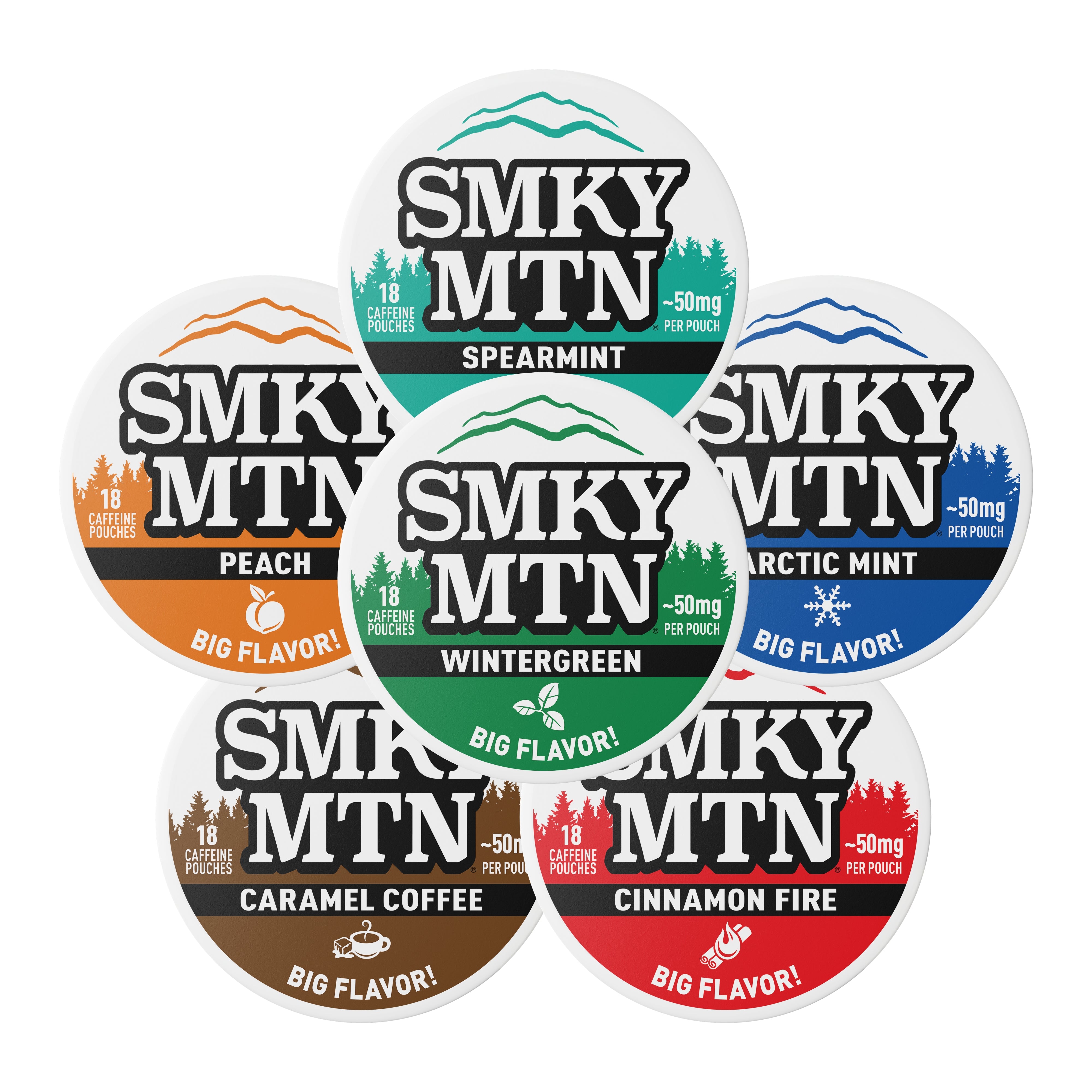 all flavors of smokey mountain caffeine pouches on a white background
