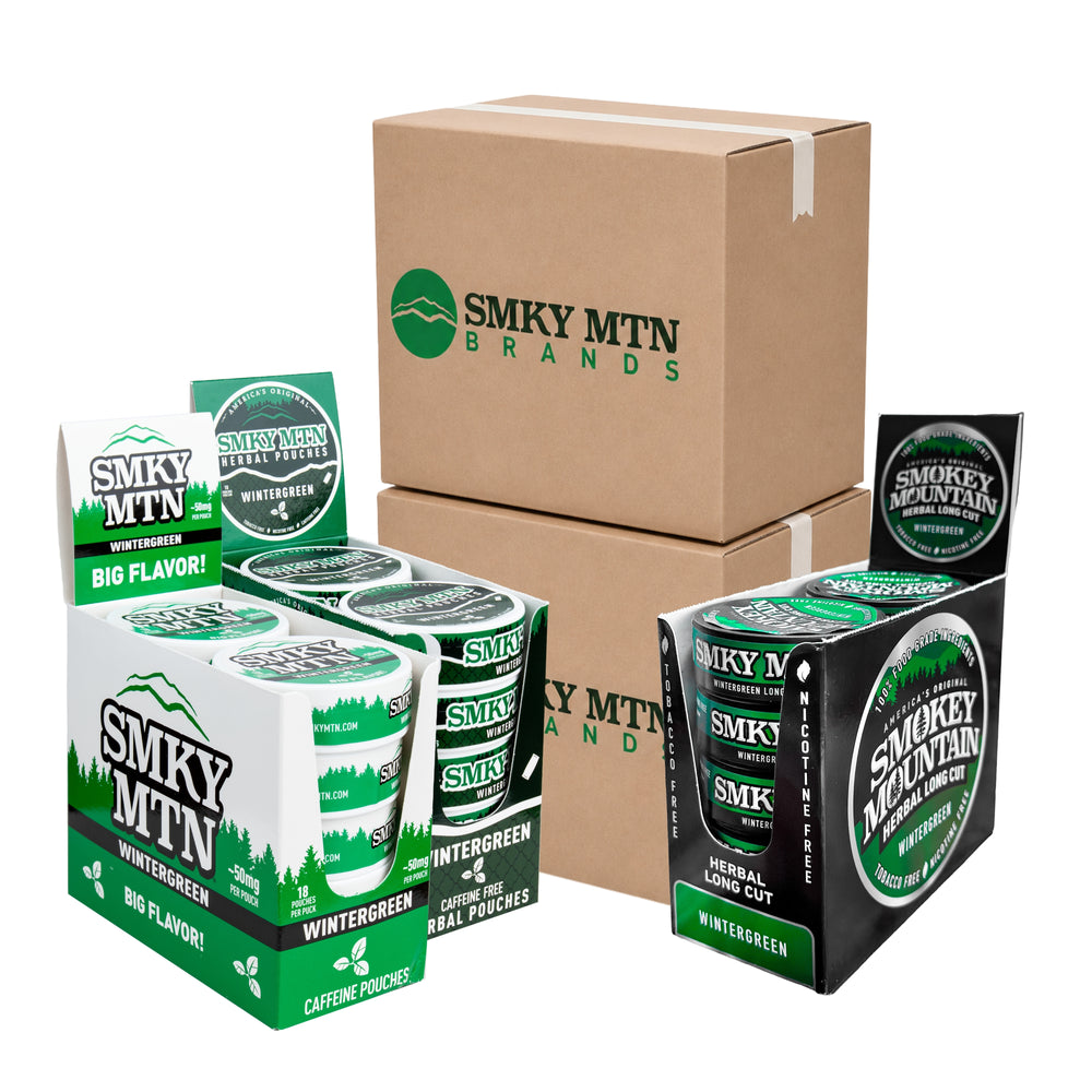 smokey mountain long cut, caffeine pouches, and ZERO caffeine-free pouches with shipping boxes promoting subscribe and save.