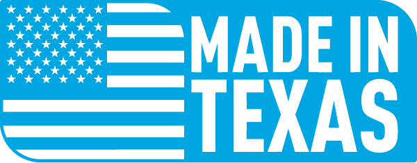 A bright blue rectangular badge with rounded corners, featuring a white stylized American flag on the left and the words “MADE IN TEXAS” in large white letters on the right.