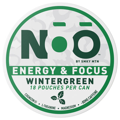 Noo by Smky Mtn energy and focus wintergreen product can on a white background