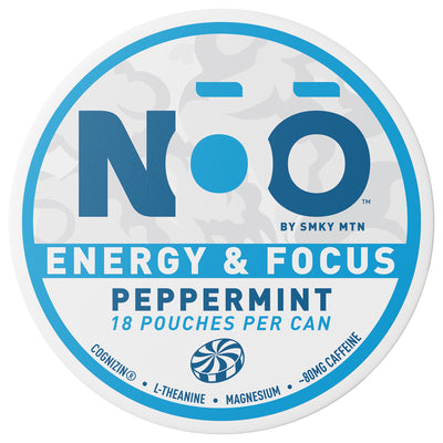 Noo by Smky Mtn energy and focus peppermint product packaging on a white background