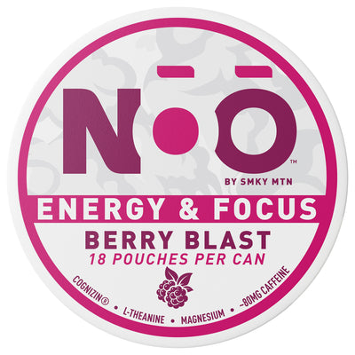 Noo by Smky MTN energy and focus supplement can with berry blast flavor on a white background