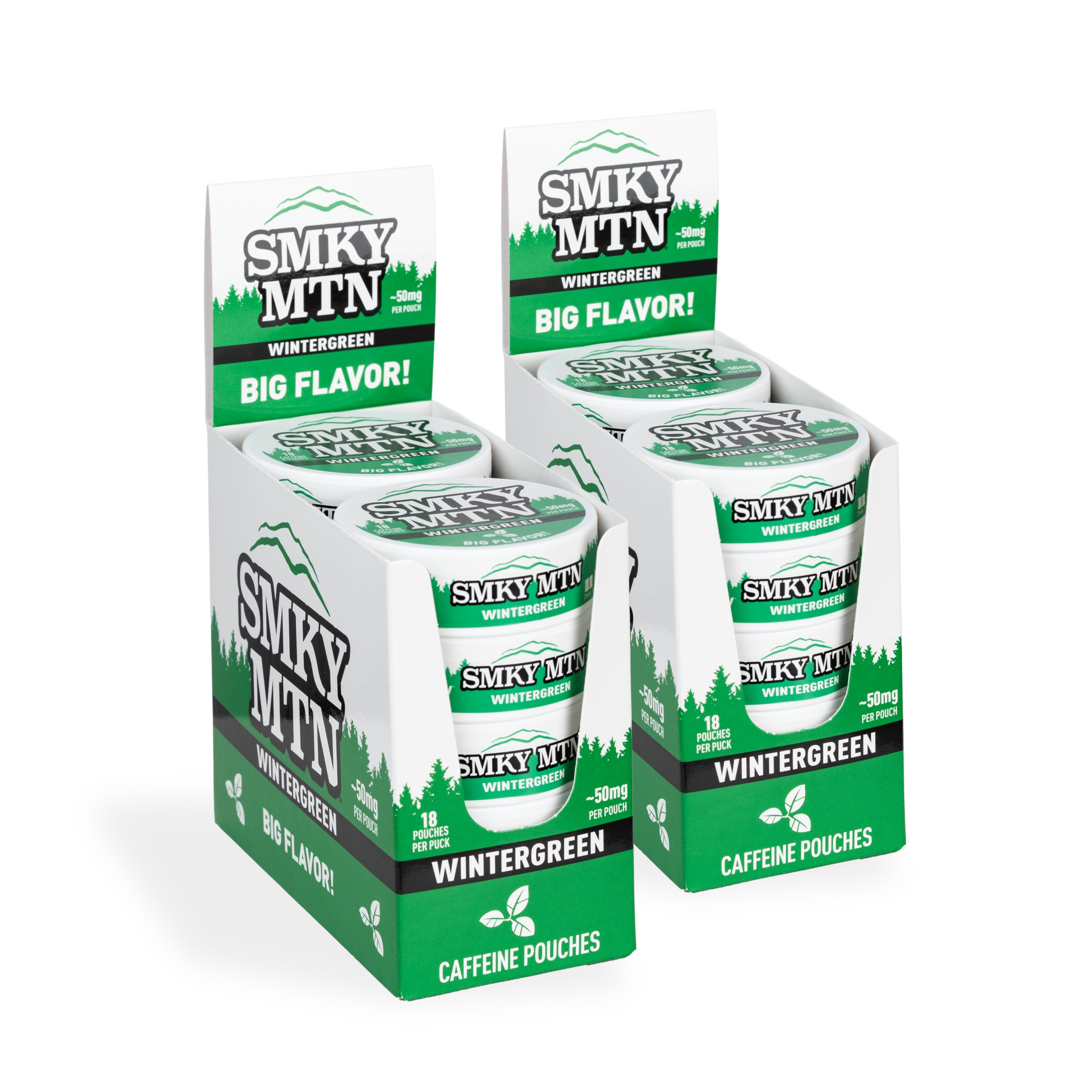 Display of Smokey Mountain Wintergreen caffeine pouches packaging on a white background