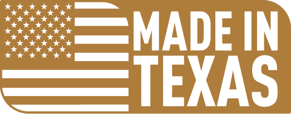 A brown and white 'MADE IN TEXAS' graphic featuring a stylized American flag on the left and bold white text on the right.