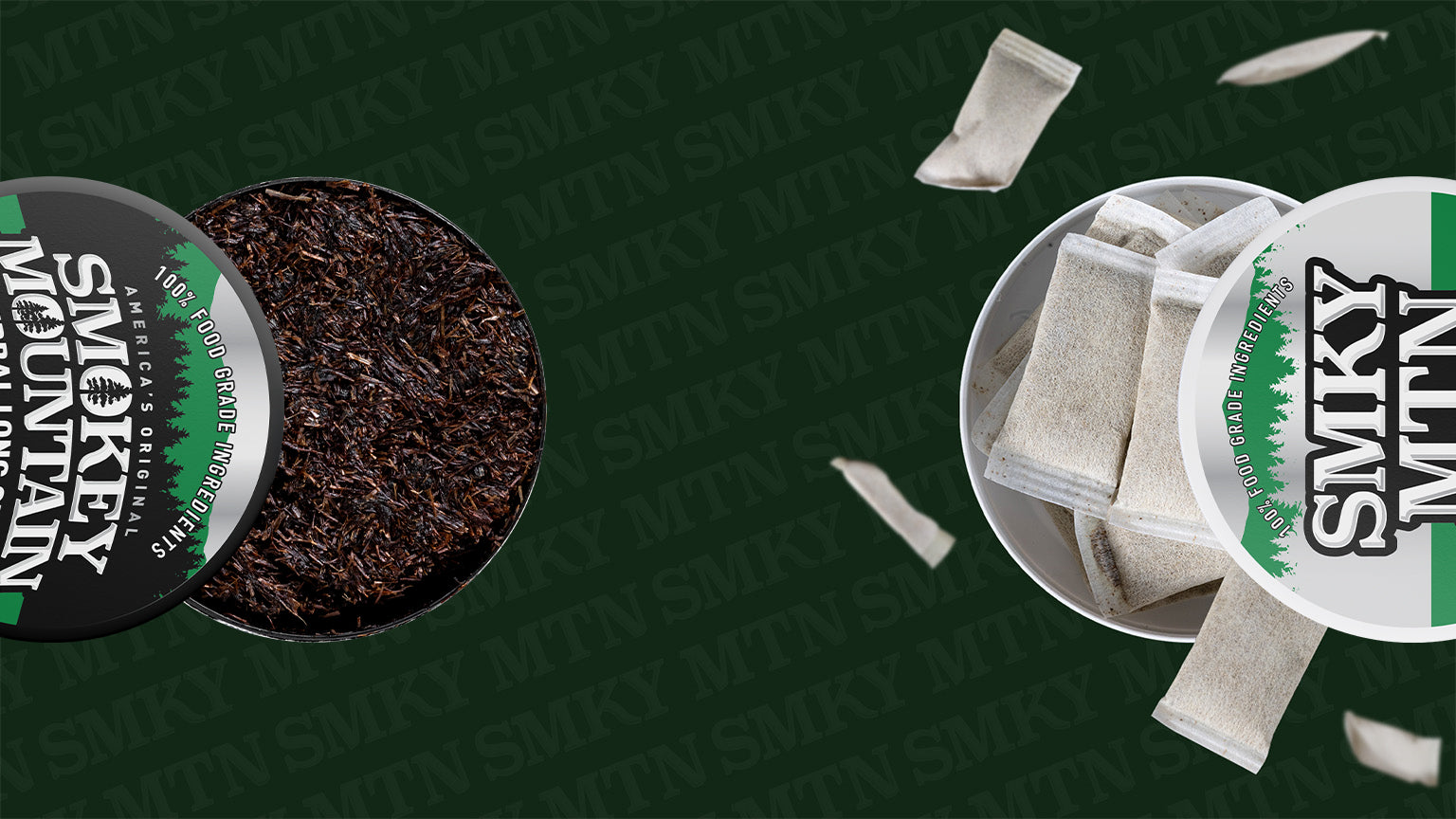 Smokey Mountain Tea packaging with loose tea leaves and tea bags on a green background.